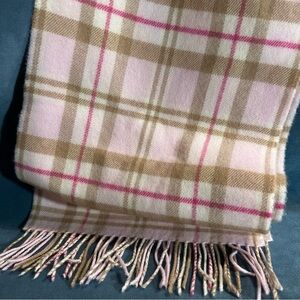 John Hanley Merino Luxury Wool Scarf – Baby Pink White Tan Check, NWT